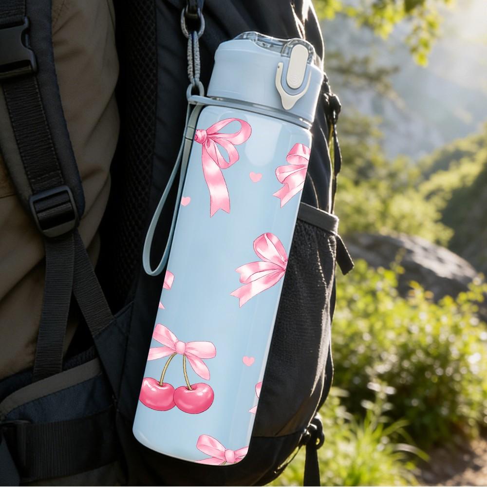 1PC Pink Bow Ribbon Seamless Print 750ml Color Plastic Sports Water Bottle Leakproof Flip Straw Lid Suitable for Sports Office Home Use