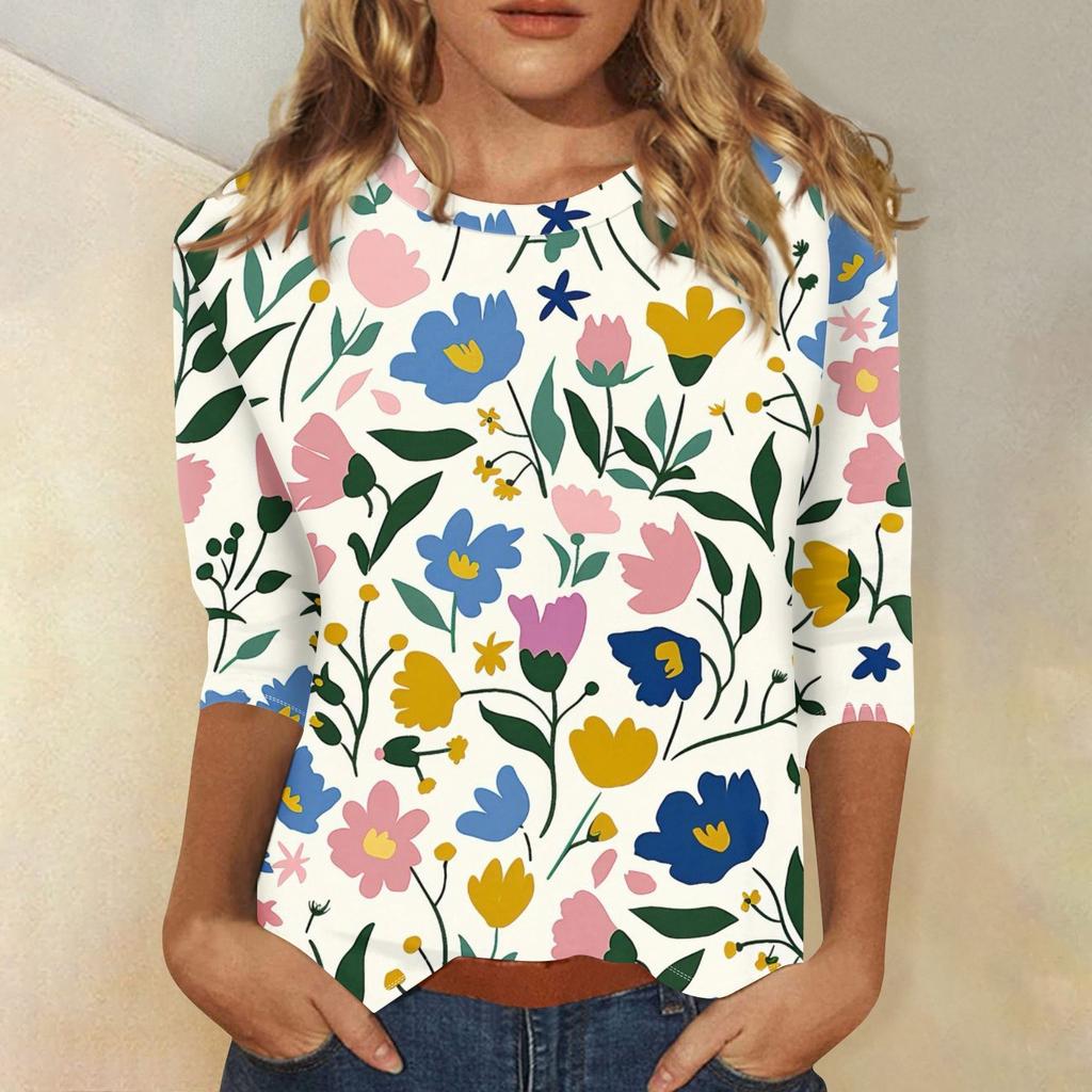 Women's Fashion Casual Round Neck Printed 3/4 T-shirt Top