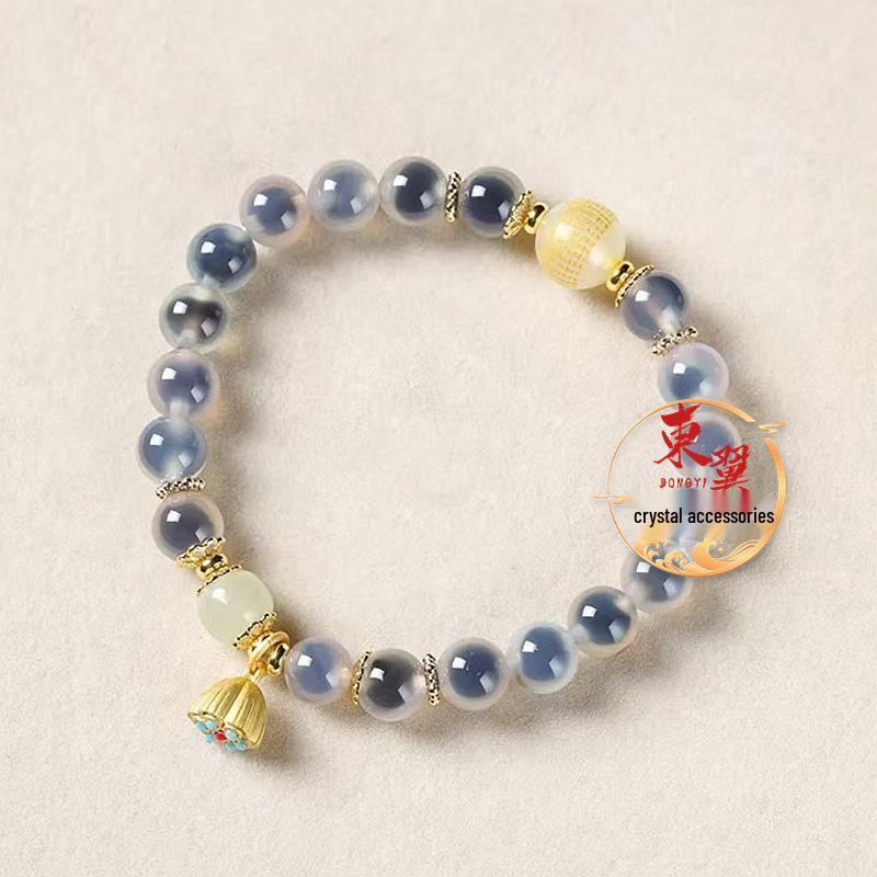 White Sugar Heart Agate and Gold Leaf Lotus Bead Bracelet