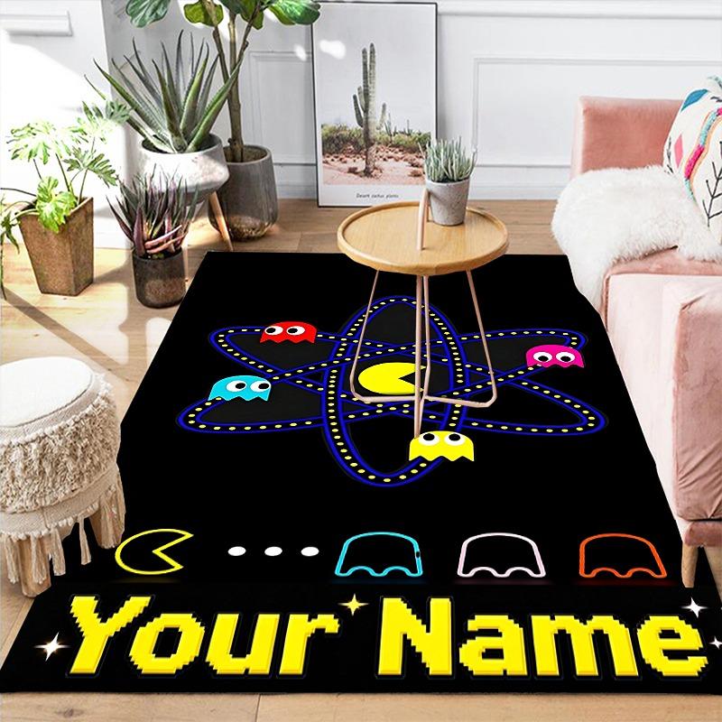 Custom 1Pc Retro Pac Man Custom Name Flannel Personalized Rug Non Slip Floor Mat Soft Carpet for Living  Bedroom Office Home Decor Gift