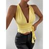 Summer Fashion Women's Casual Deep V Neck Sleeveless Vest Slim Fit Lace-up Backless Crop Tops Elegant Halter Neck Solid Color Casual Simple Tank Tops