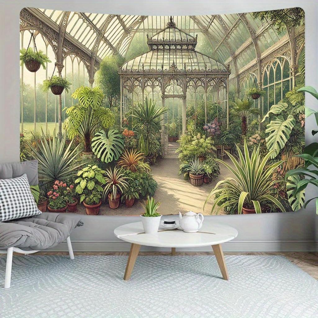 Serre de Jardin Botanique Vintage Tapisserie Plantes Luxuriantes Serre Murale Décor Amoureux de la Nature Fond de Canapé Salon