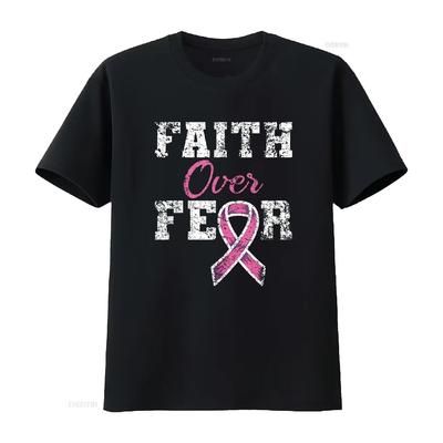 Womens T Shirt Faith Over Fear Breast Cancer Awareness Black 2XL Vintage Washed Homme Top For Everyday Wear Stretched Unisex
