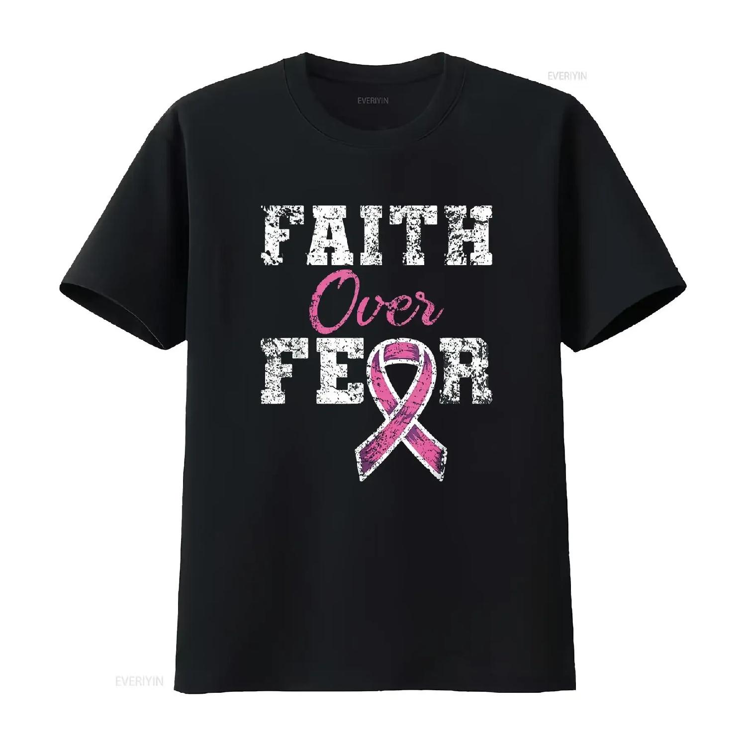 

Womens T Shirt Faith Over Fear Breast Cancer Awareness Black 2XL vintage Washed homme Top For Everyday Wear Stretched Unisex S чёрный