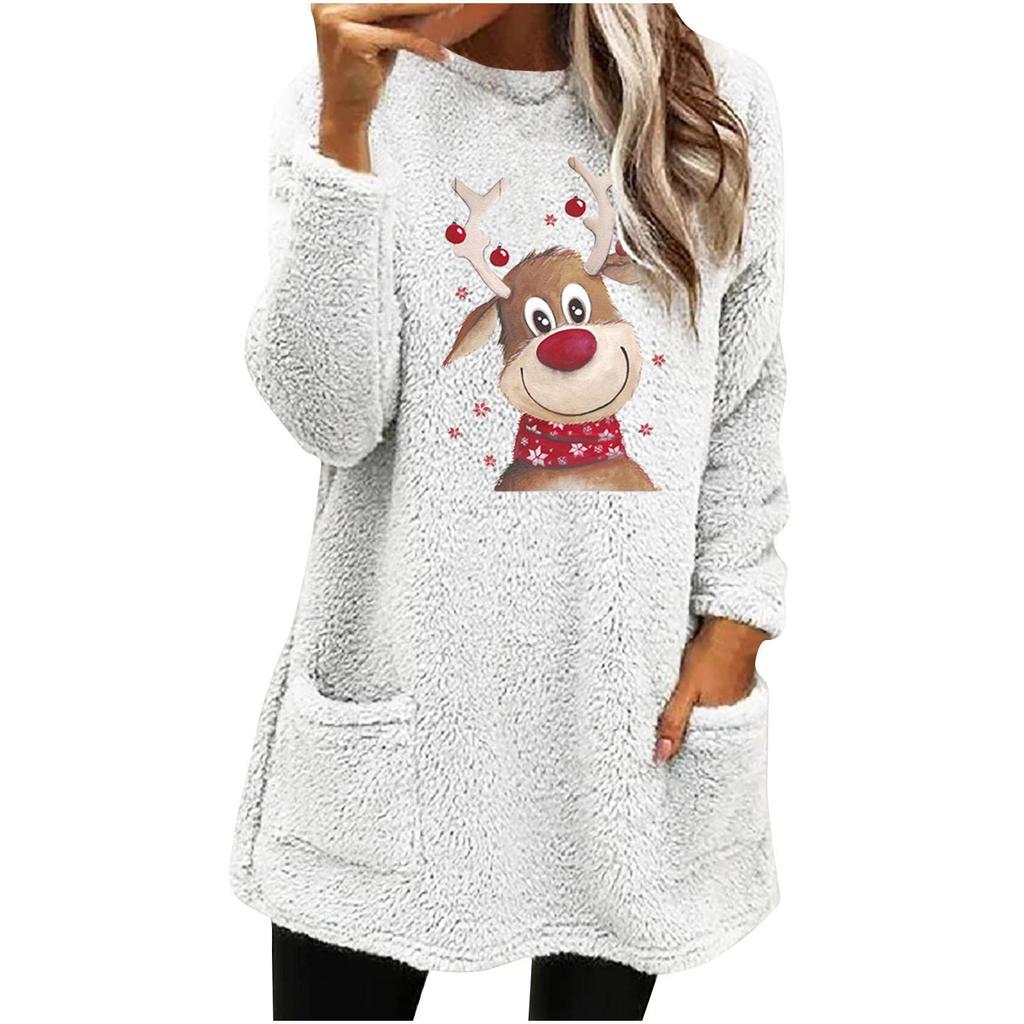Women's Christmas Elk Print Long Sleeve Pocket Hoodie - Casual Loose Fit for Autumn/Winter