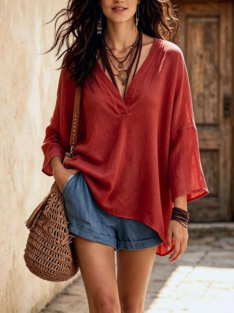 2026 Summer Women's European & American Resort Style Loose V-Neck Three-Quarter Sleeve Solid Color Top