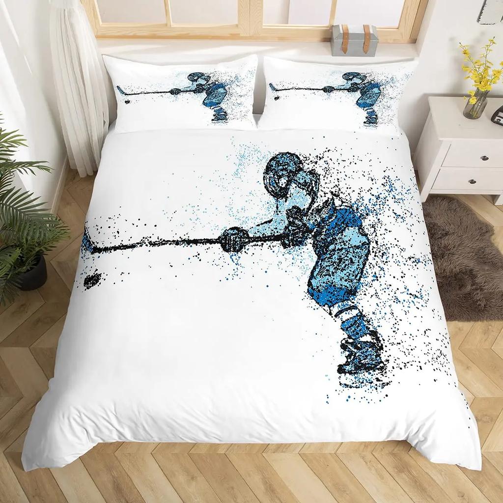 Capa de Edredom Graffiti Hóquei no Gelo Conjunto de Cama Esporte de Inverno Crianças Meninos Jogador de Hóquei Capa de Edredom Aquarela Esportes Capa de Colcha