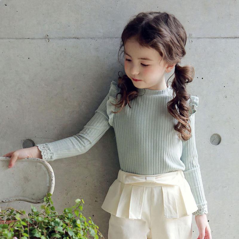 Tricou cu mânecă lungă pentru fete de primăvară 2024 pentru copii Cămașă tricotată cu fund din dantelă cu gât rotund