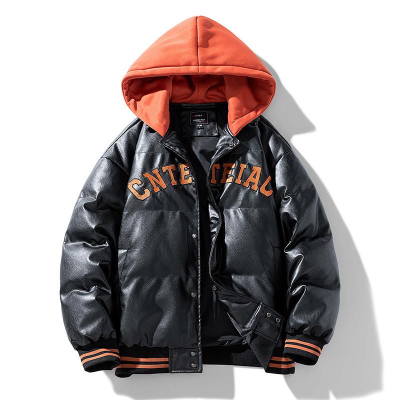 

Кожаная куртка с капюшоном зима новая мужская хлопковая куртка утолщенная корейская версия стиль Харадзюку ПУ кожа студенческая теплая трендовая утепленная одежда 4XL чёрный