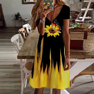 Yaz Modası Kadın V Yaka Kısa Kollu Ayçiçeği Baskılı Elbise Seksi Kısa Etek Elbiseler