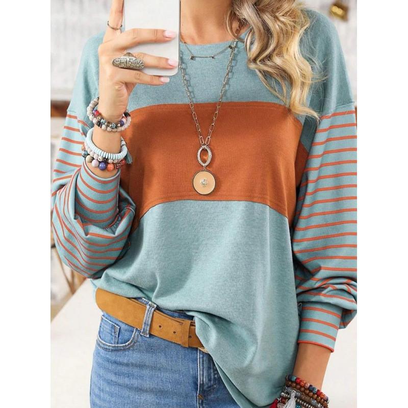 Polyester Striped Casual Long Sleeve T Shirt For Women With Color Block Design For Spring