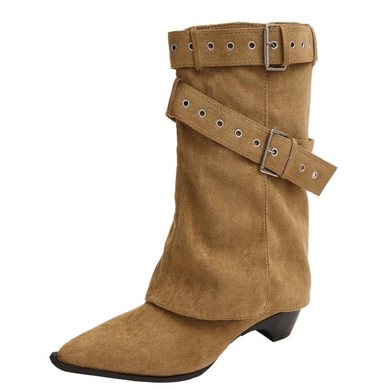 Retro thick heel medium boots women's new spring and autumn versatile pointed western cowboy boots belt buckle trouser boots