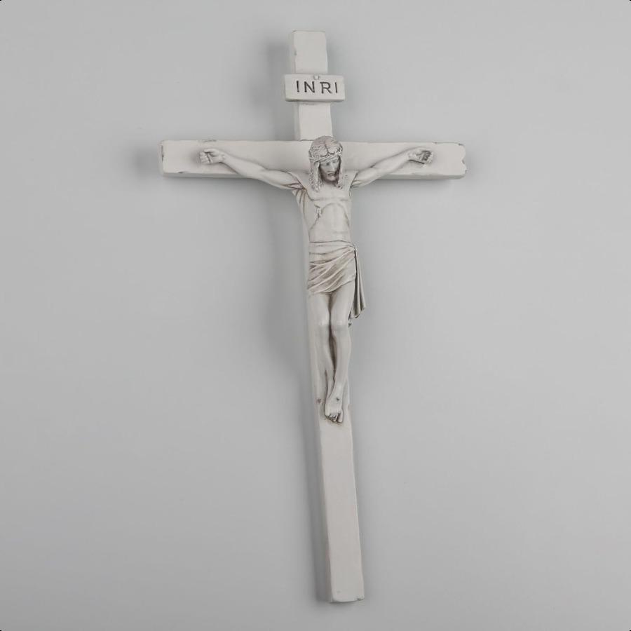 DevotedWalls Handmade White Crucifix for Wall Decor White Crucifix Spiritual Gift Stone Finish 9 Inches Heigh Wall Crosses Jesu