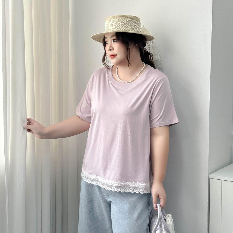 Plus size women clothing [Lace Cool T] Ice Porcelain Cotton Short sleeve T-shirt Chubby Girl Summer 100.00kg Belly Covering Slimming Top