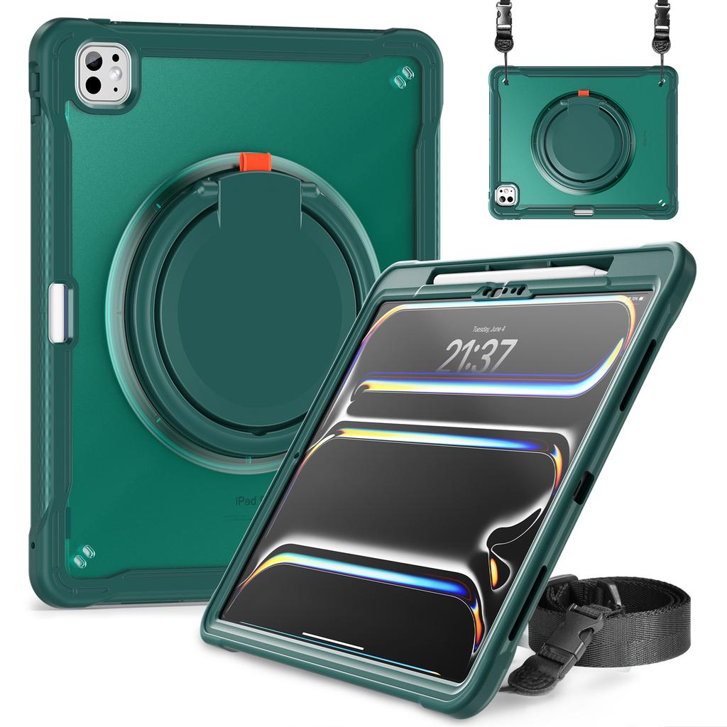 Pro iPad Pro 13 (2024) Pouzdro s otočným stojánkem PC+TPU+Silikonový kryt s ramenním popruhem