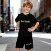 Boys 2 Piece Los Angeles Letter Print Outfit, Short Sleeve T-Shirt and Shorts Set for Kids Age 5-14, Black and White Sporty Casual Summer Clothes