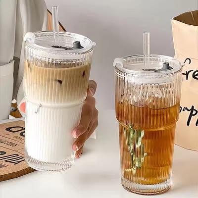 Große Kapazität Streifen Glas Kaffeetasse mit Deckel Strohhalm Transparente Trinkgläser für Saft Eiskaffee Becher Trinkgeschirr