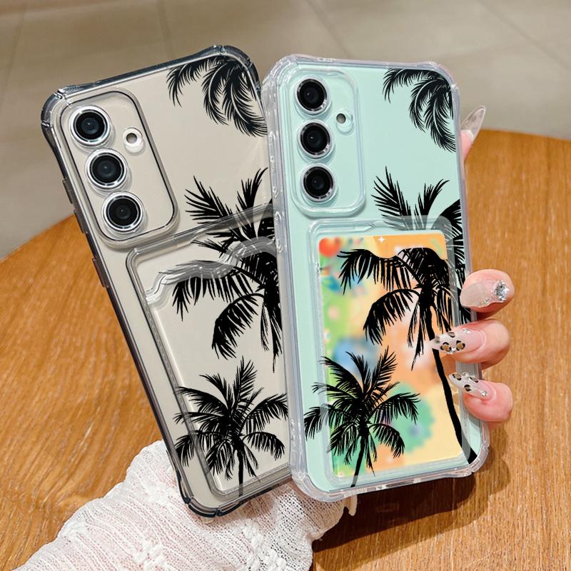 Card Slot Pocket Case For Samsung Galaxy A56 A55 A35 A25 A16 A15 A36 5G S25 S24 Ultra S23 S24 FE Coconut Tree Printed TPU Cover