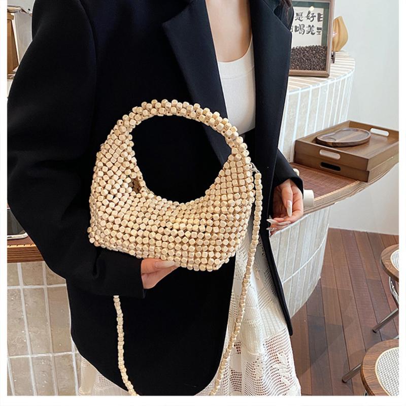 Holzperlen gewebte Knödeltasche Damen Sommer handgefertigt Umhängetasche lässige Strandtasche minimalistisches Design Reisehandtasche