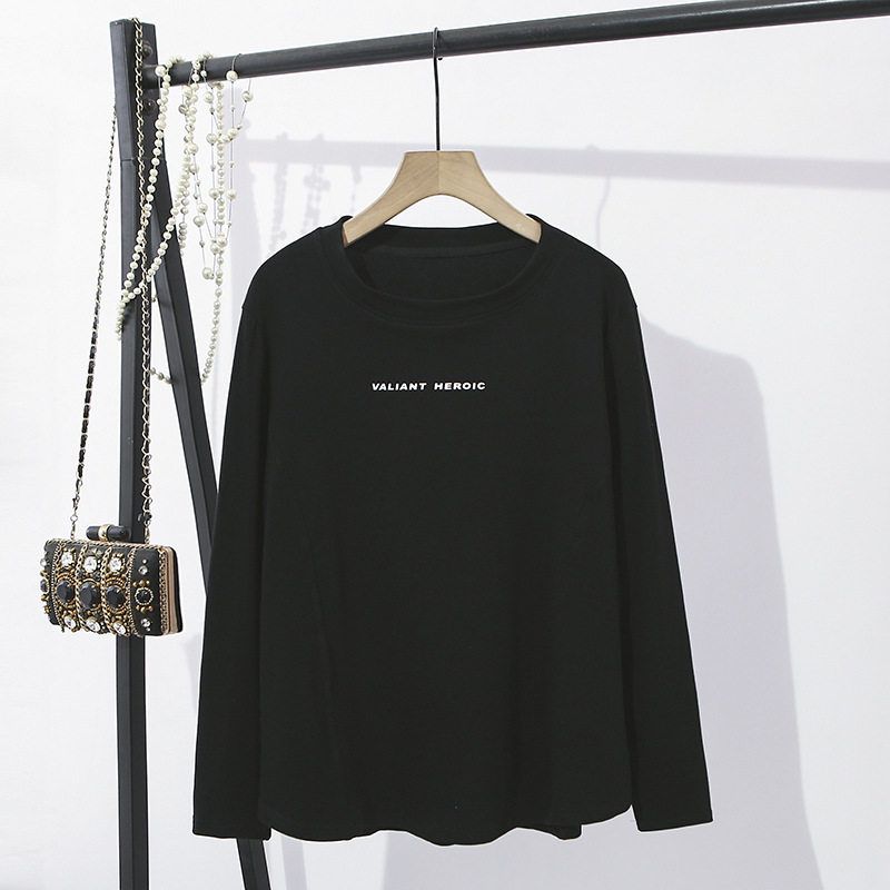 

Plus Size Belly Covering Type A Tops Women s Shoulder Spring Fat mm 100.00kg round Neck Bottoming Shirt Loose Letters Long Sleeves T-shirt Black Xl(55-67.5kg)