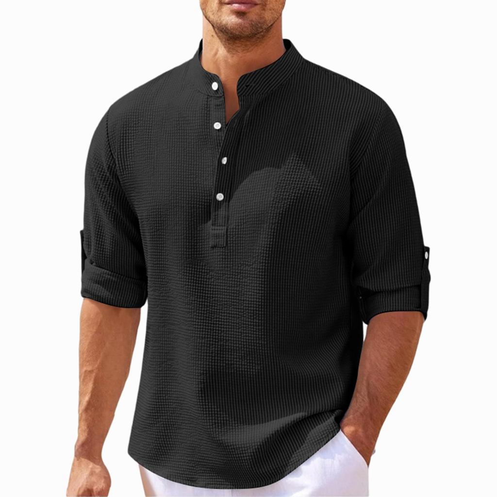 Men's Casual Long Sleeve Shirt Pullover Stand Collar Buttoned Henley Shirt Lightweight Relaxed Fit Top for Daily Wear