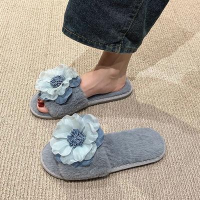 One-word Warm Flat-bottomed Flower Slippers 2025 Autumn and Winter Sweet Home Casual Fluffy Slippers Comfortable Cotton Slippers Women