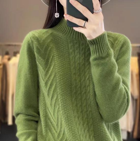 Women's Half High Neck Wool Sweater - Solid Color, Cable Knit, Cashmere Blend, Thickened Base Layer, 2023 Autumn/Winter Trendy.