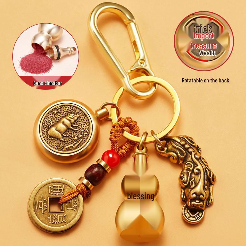 Pixiu Guardian Brass Pendant: Five Emperors Coins & Zodiac Buddha Keychain for Wealth & Protection