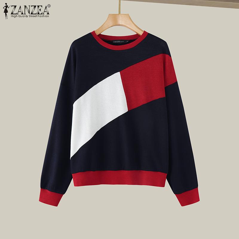 ZANZEA Women Casual Round Neck Long Sleeve Color Block T-Shirts
