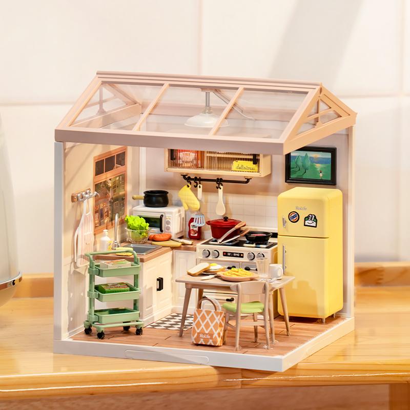 Robotime Rolife 3D Puzzle Super Store Happy Meals Kitchen Plastic DIY Miniature House Kit Miniature Dollhouse Playset with LED