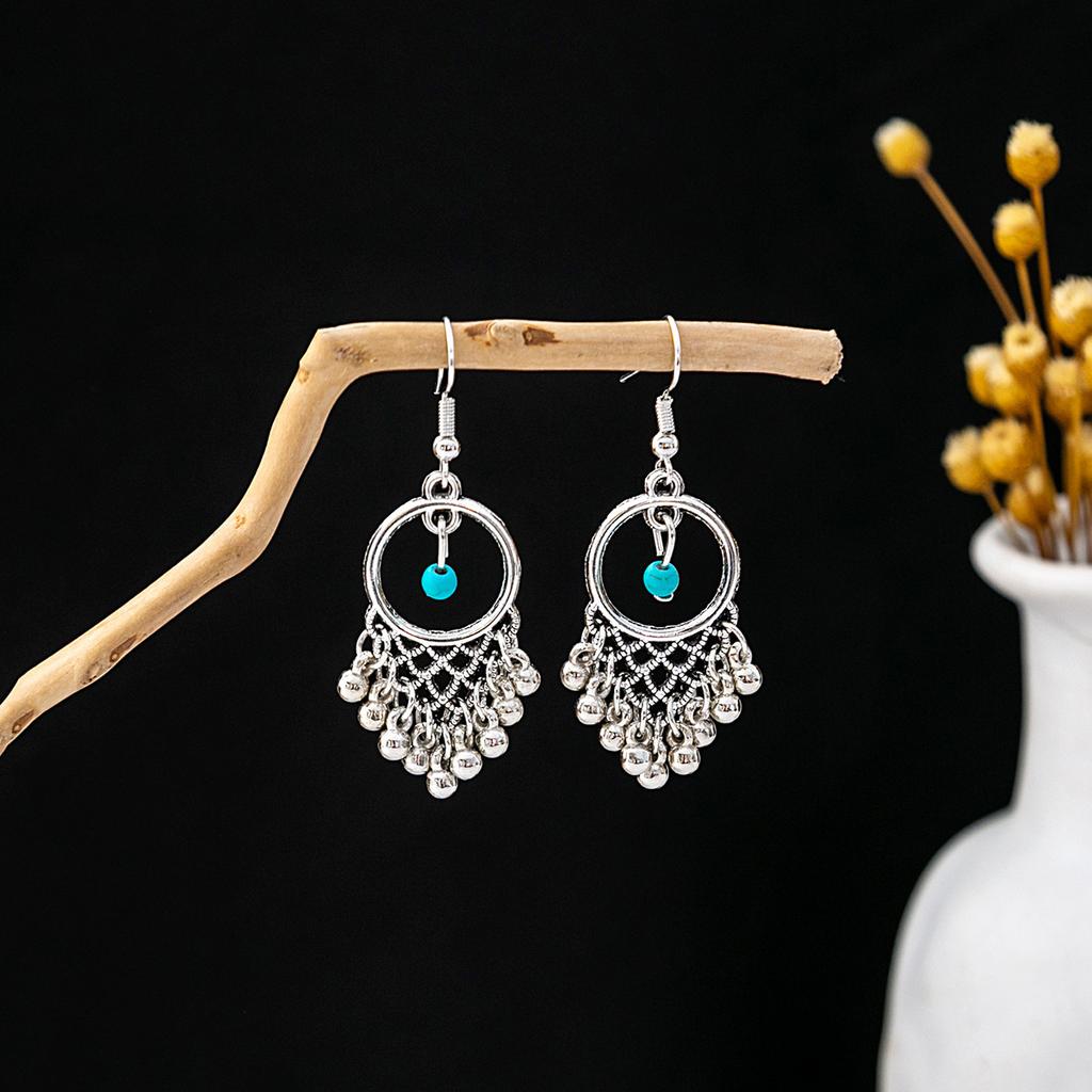 Ethnic Style Miao Silver Fringed Earrings, Bohemian Turquoise Fringed Earrings, Minority Tourist Attractions Earrings