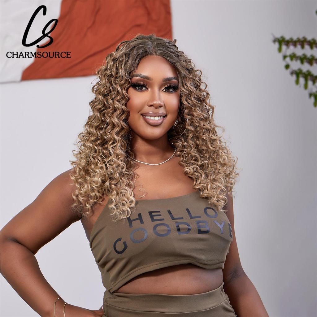 CharmSource Curly Long Ombre Inchis Maro Dantela Front Peruci Sintetice Peruca Dantela pentru Femei Negre Naturale de inalta densitate Utilizare zilnica