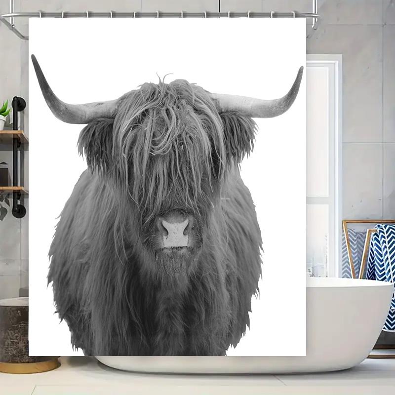 

Highland Cow Shower Curtain Black White Animal Print Bathroom Decor Polyester Fabric Customizable Sizes Available (59 X 70) [Img W60H190(CM)-1 Pcs