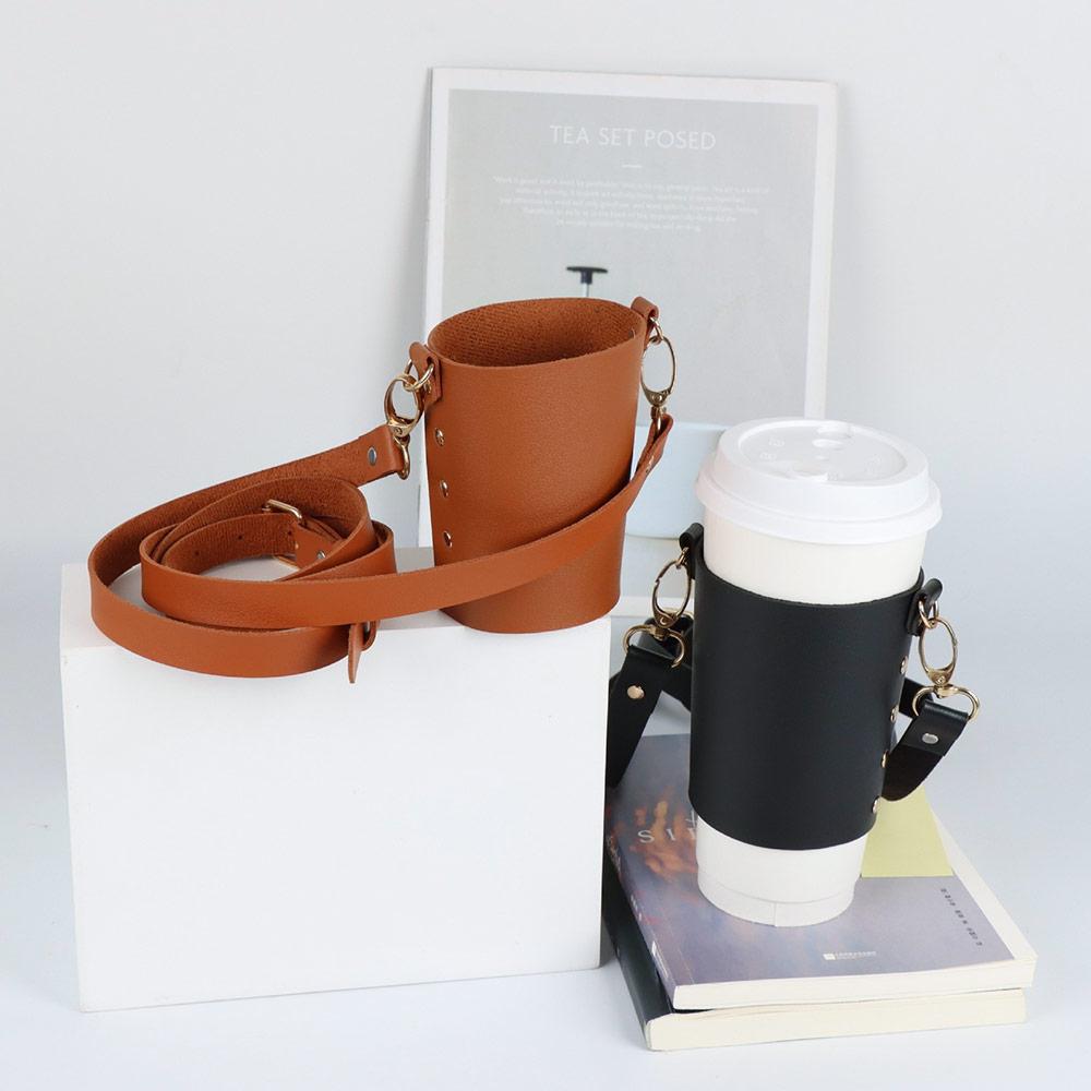 Creative PU Leather Cup Holder Lanyard Travel Heat-insulated Water Bottle Sling Multi-Functional Hand-held Milk Tea Cup Sleeve