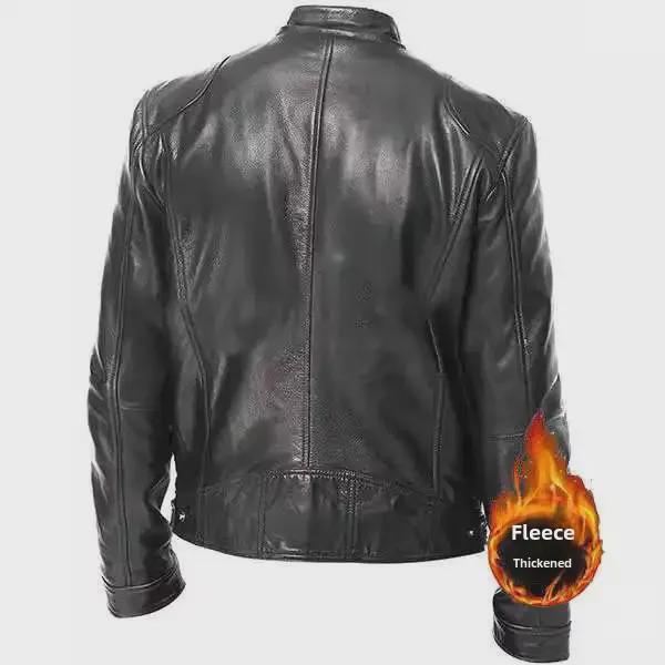 Men's Winter Slim-Fit Stand Collar PU Leather Motorcycle Jacket with Velvet Lining