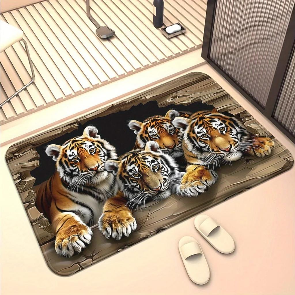 2D Tiger Illusion Door Mat Realistic Breaking Through Wood Print Non-Slip Washable Carpet Entrance Rug for Bathroom Livingroom