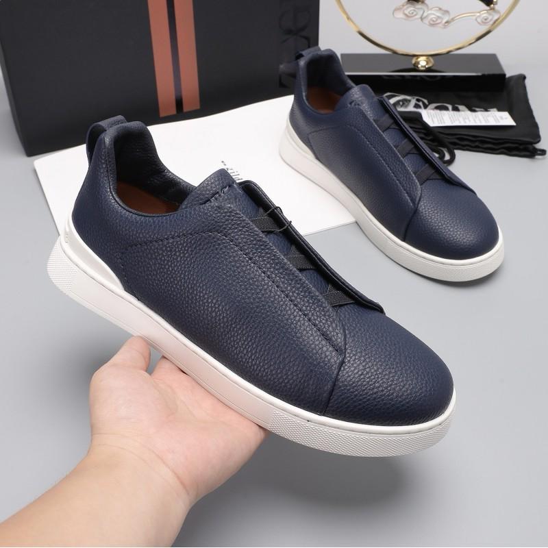 Mens Genuine Leather Slip-On Casual Sneakers Low-Cut Breathable Lightweight Comfortable Everyday Shoes
