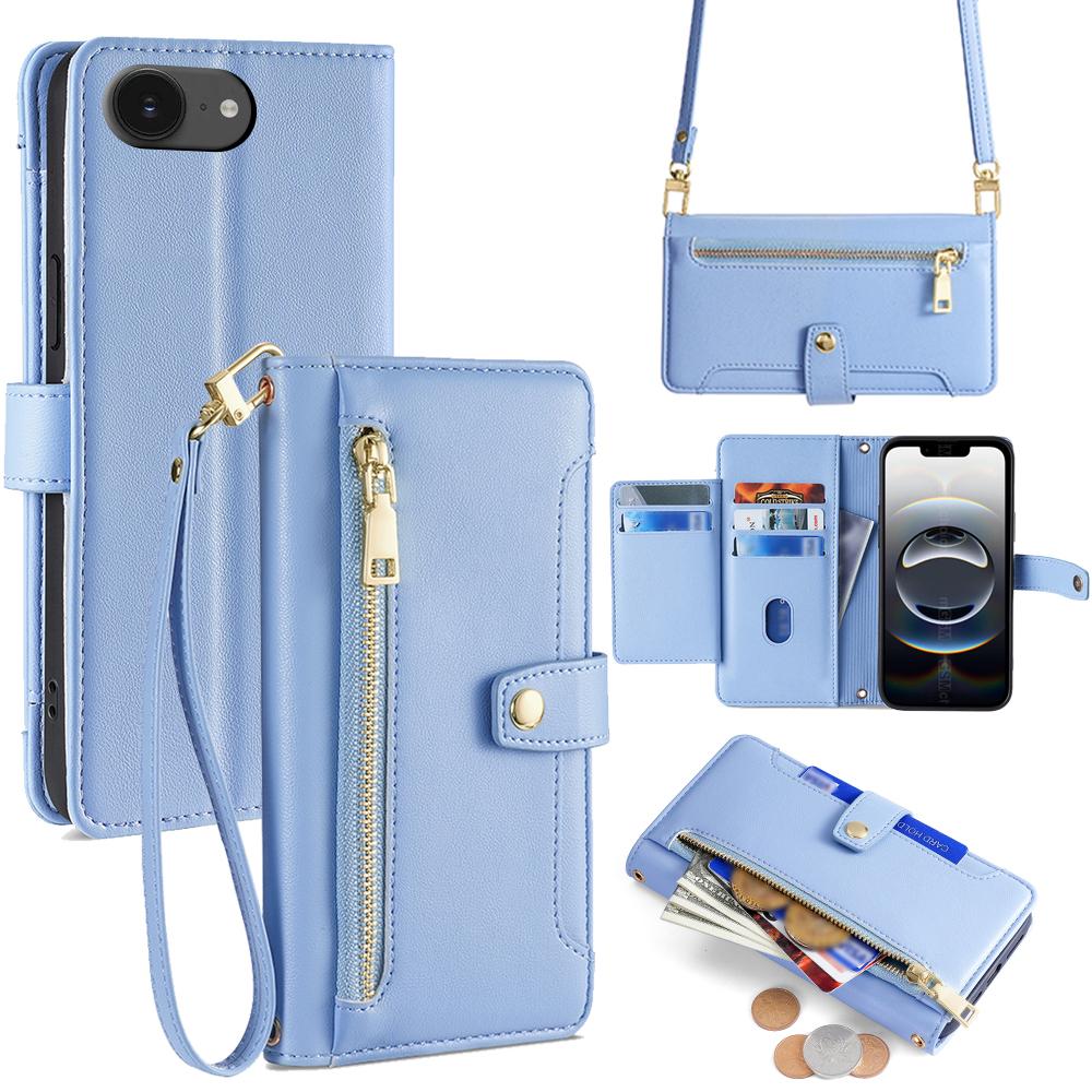 For iPhone 16e Case Zipper Pocket Wallet Leather Phone Cover with 2 Straps
