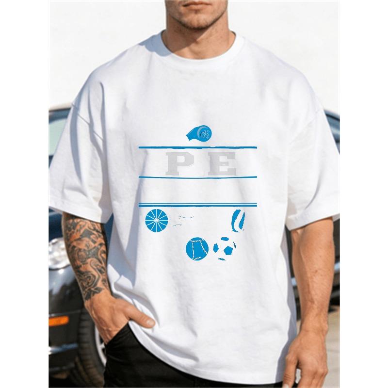 European sizes Men S PE Coach Graphic T-Shirt - Breathable Crew Neck Short Sleeve with Football, Basketball, Volleyball And Soccer Icons S белый