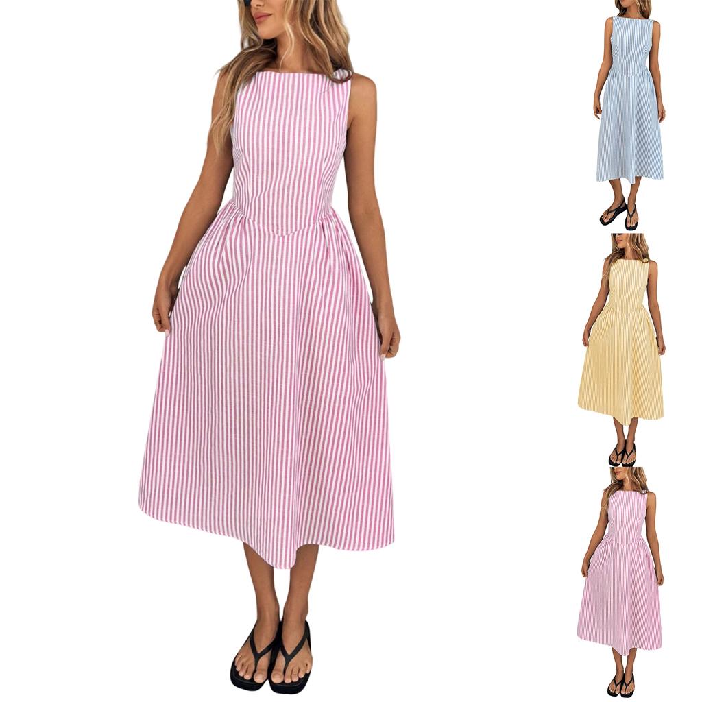 Abito Lungo a Righe Verticali da Donna, Casual Europeo e Americano Senza Maniche con Tasche, Abito alla Moda