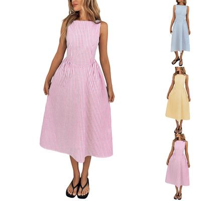 Women's Vertical Striped Long Dress, European And American Casual Sleeveless Pocket Fashion Dress