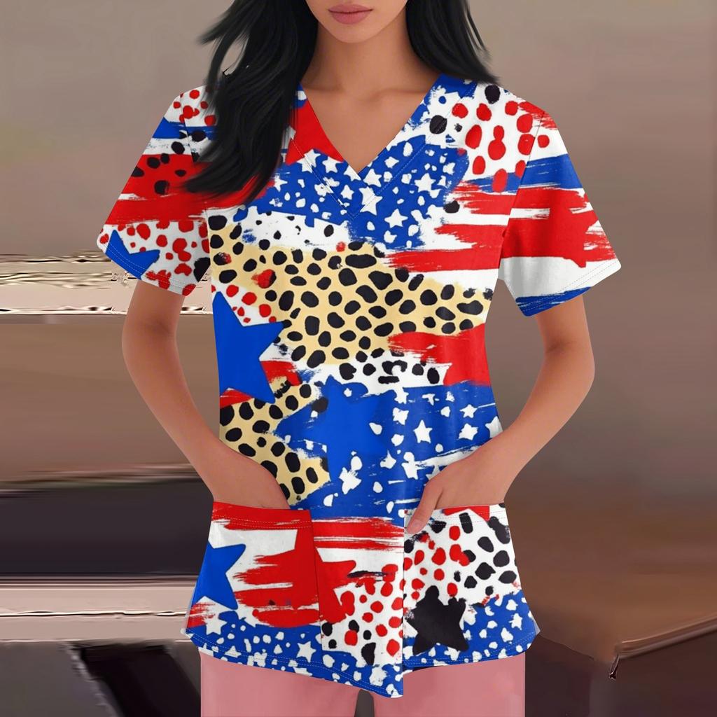 Happy Valentine's Day Women's Fashion V-neck Short Sleeve Workwear With Pockets Tops