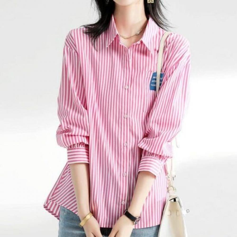 Navava Women Stripe Label Pocket Long Sleeve Shirt Nb2926