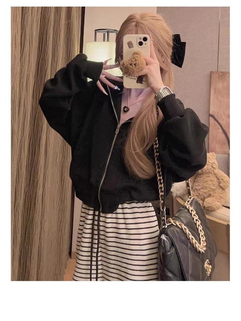 Petite Fleece-Lined Black & White Striped High-Waist Wide-Leg Pants for Women - Autumn/Winter