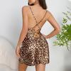 Leopard Print Lace Cami Nightgown Backless Crisscross Strap Satin Women's Sexy Loungewear 909 Bold Trendy Sleepwear with Wild Print Charm