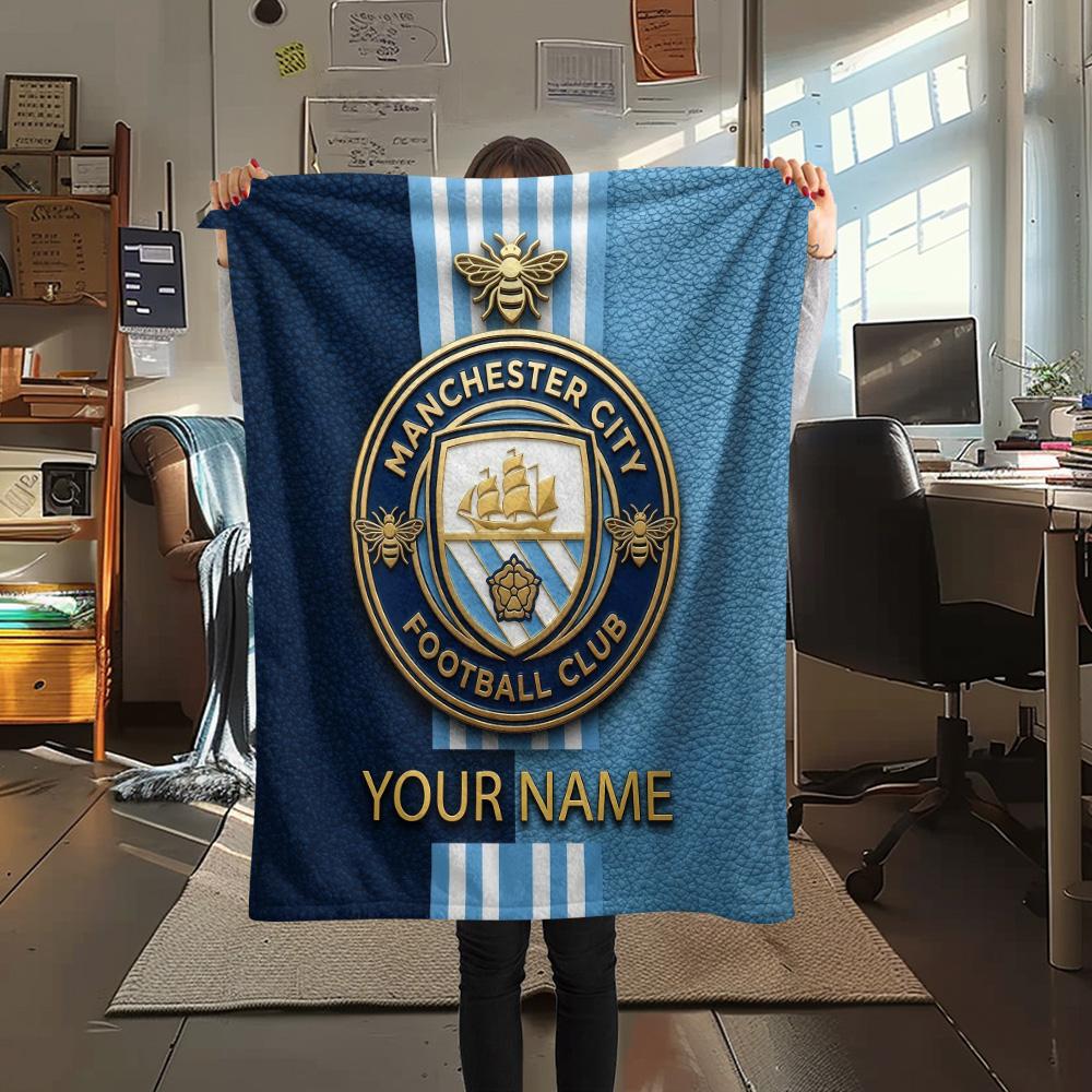 Custom Name Manchester City Flannel Blanket, High quality Comfortable for All Seasons, Home Decor, Warmth and Comfort