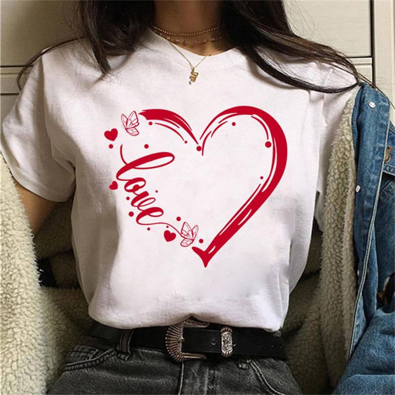 Women Short Sleeve T-shirt Butterfly Love Heart Print - Casual Graphic Tee
