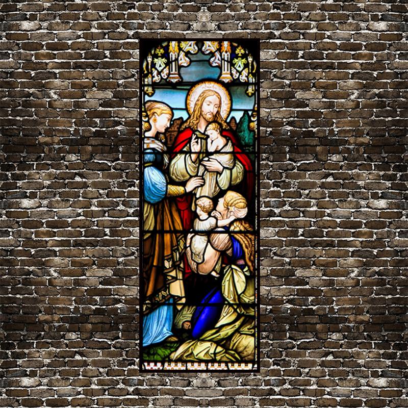 Pellicola Vetro Colorato Statico Stile Vintage Arte Sacra Adesivi per Finestre PVC Autoadesiva Pellicola Cristiana Europea Classica