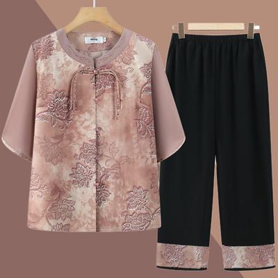 Stylish Summer Outfit: Short-Sleeved Shirt & Two-Piece Set for Middle-Aged and Elderly Women