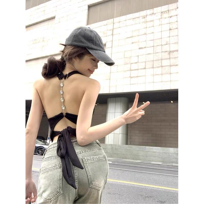 Pure desire wind neck halter sling vest women's summer personality design sense straps slim and thin sleeveless top
